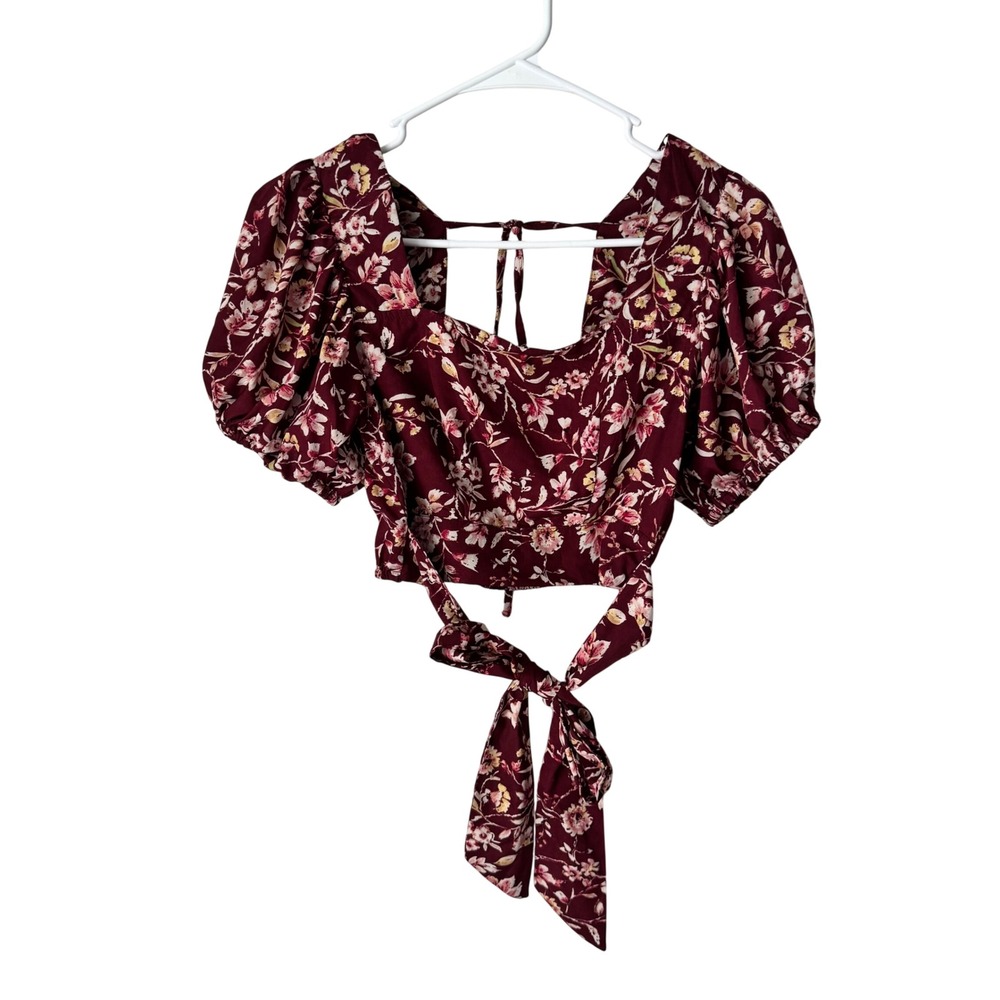 O.G Collective Burgundy Floral Puff Sleeve Crop Top‎ Smocked Back XS
